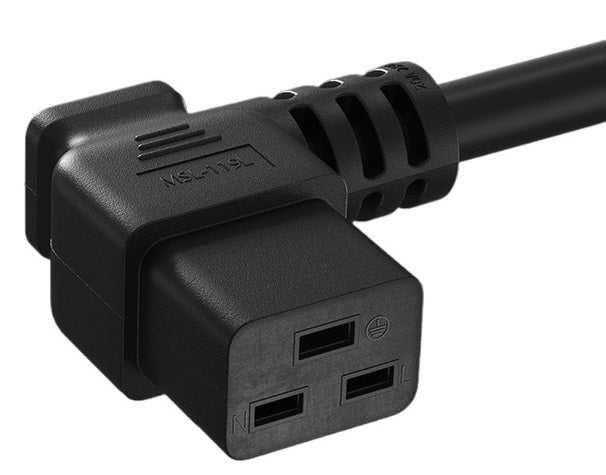 CompuCablePlusUSA.com IEC 60320  C19 Left Angle Heavy Duty Extension Jumper Power Cord, 12AWG, Black Color.
