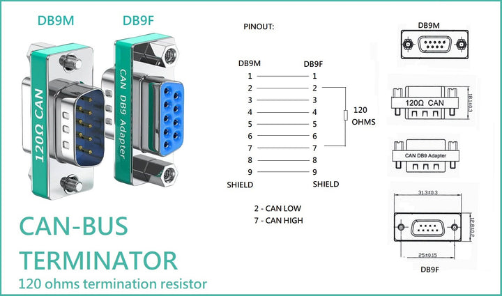CompuCablePlusUSA.com DB9 Male to Female CAN Bus Termination Resistor Built-in 120 Ohm CAN Terminating Resistor. 120 Ohm to Pin 2 and Pin 7.