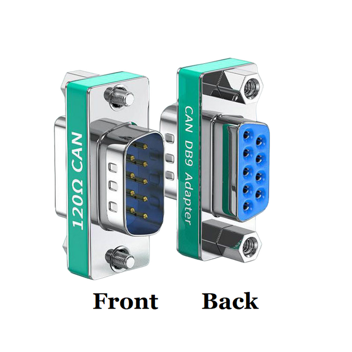 CompuCablePlusUSA.com DB9 Male to Female CAN Bus Termination Resistor Built-in 120 Ohm CAN Terminating Resistor. Front View and Back View.