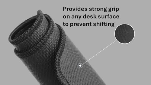 CompuCablePlusUSA.com Black mouse pad with feature description " Provides strong grip on any desk surface to prevent shifting" on a gray background.