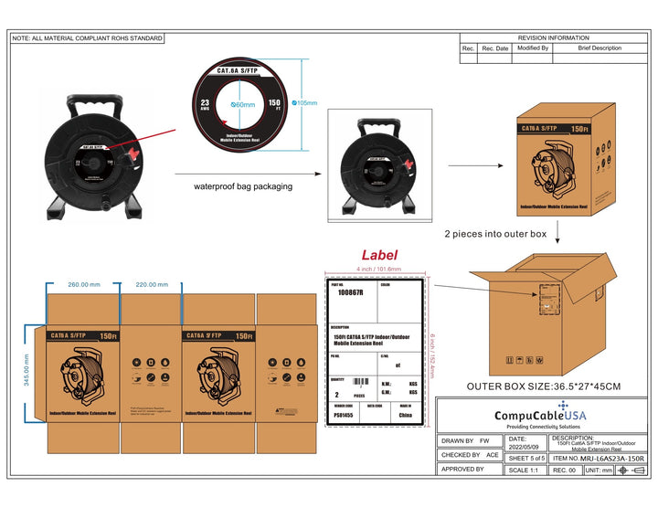 CompuCablePlus CAT6A S/FTP Indoor/Outdoor IP67 Waterproof Retractable Shielded Ethernet Network Cable Mobile Extension Reel, Female to Female, 150FT, Black, Packaging.