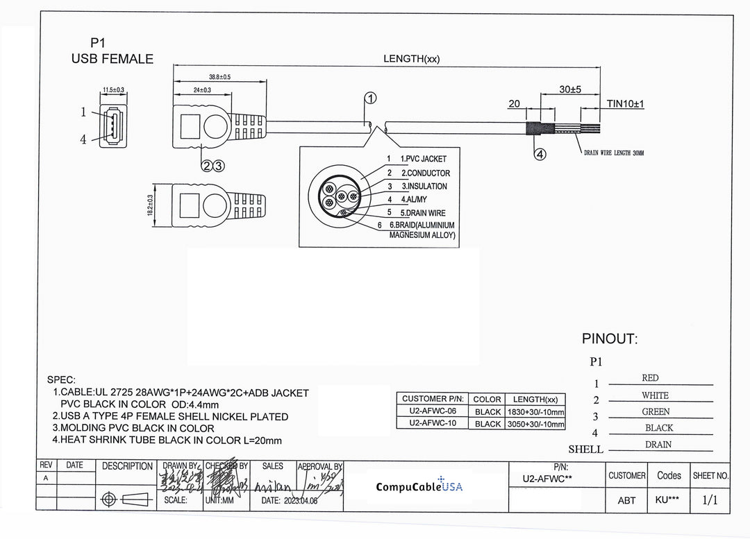 CompuCablePlusUSA.com Datasheet of USB-A 2.0 Female Socket to Lead Wires with 4P + 1 Drain Wire with length option in 6 Feet and 10 Feet (1 PC/Pack).
