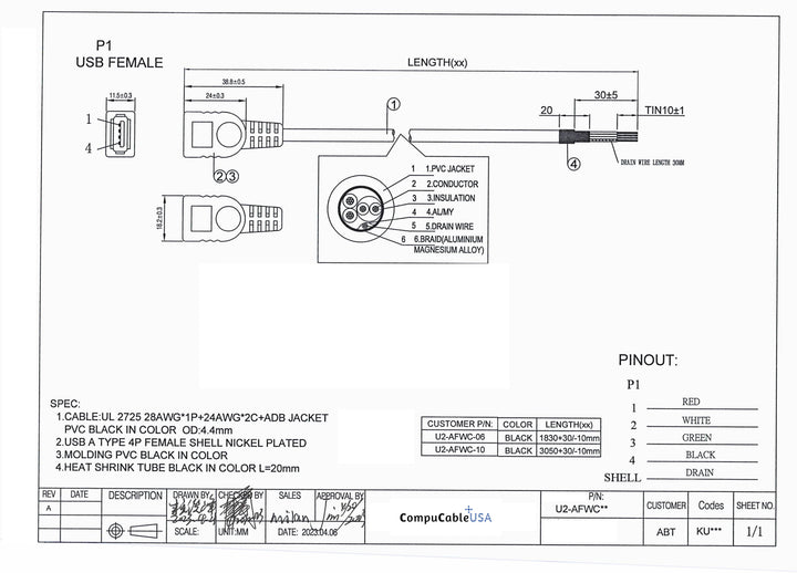 CompuCablePlusUSA.com Datasheet of USB-A 2.0 Female Socket to Lead Wires with 4P + 1 Drain Wire with length option in 6 Feet and 10 Feet (1 PC/Pack).
