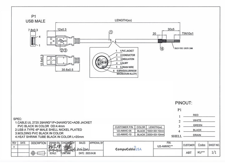 CompuCablePlusUSA.com Datasheet of USB-A 2.0 Male Plug to Lead Wires with 4P + 1 Drain Wire with length option in 6 Feet and 10 Feet (1 PC/Pack).