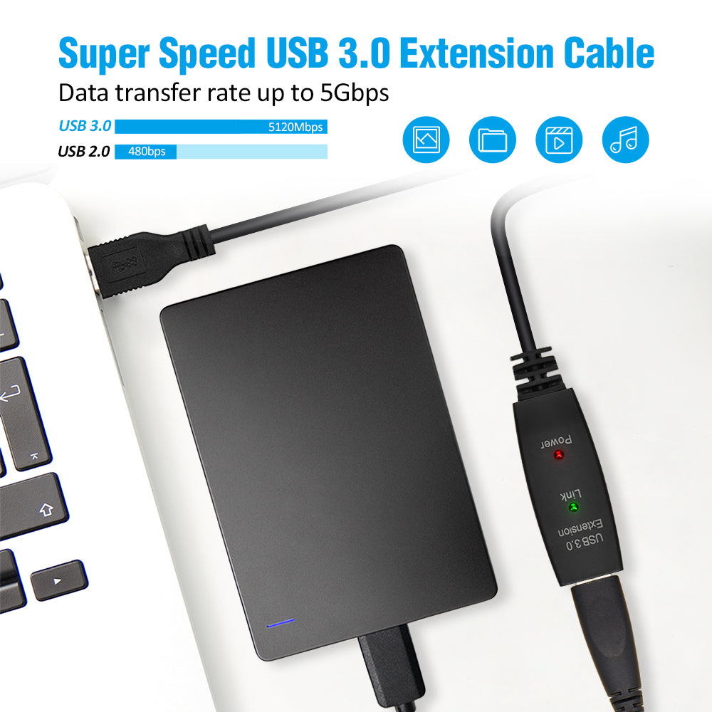 CompuCablePlusUSA USB 3.0 Active Extension Repeater Type A Male to Type A Female Cable 5Gbps Black