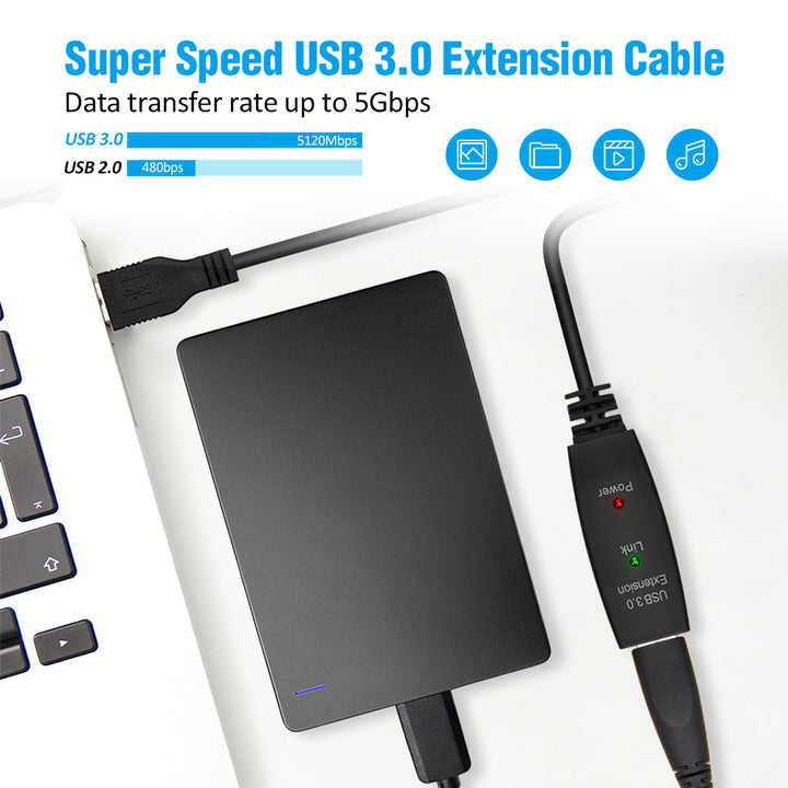 CompuCablePlusUSA USB 3.0 Active Extension Repeater Type A Male to Type A Female Cable 5Gbps Black