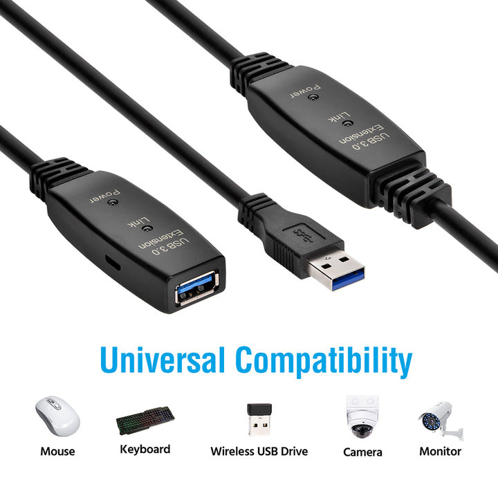 CompuCablePlusUSA USB 3.0 Active Extension Repeater Type A Male to Type A Female Cable 5Gbps Black
