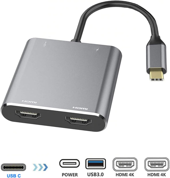 CompuCablePlusUSA USB-C to Dual HDMI Female 4-in-1 Multiport Adapter Hub with 60W PD Charging and USB 3.0 Space Gray 0.5FT.