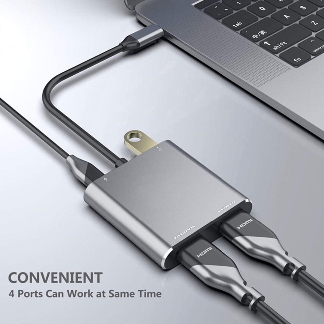 CompuCablePlusUSA USB-C to Dual HDMI Female 4-in-1 Multiport Adapter Hub with 60W PD Charging and USB 3.0 Space Gray 0.5FT.