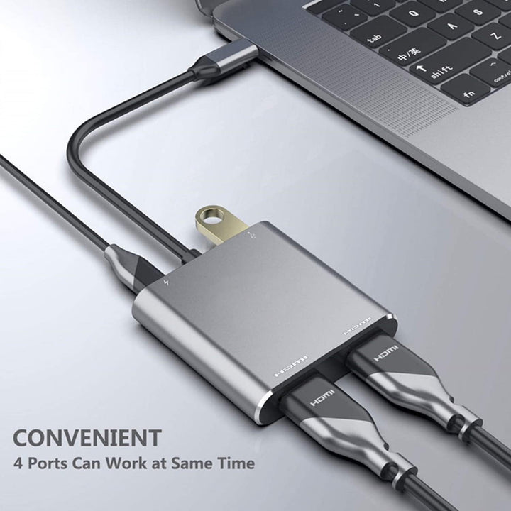 CompuCablePlusUSA USB-C to Dual HDMI Female 4-in-1 Multiport Adapter Hub with 60W PD Charging and USB 3.0 Space Gray 0.5FT.