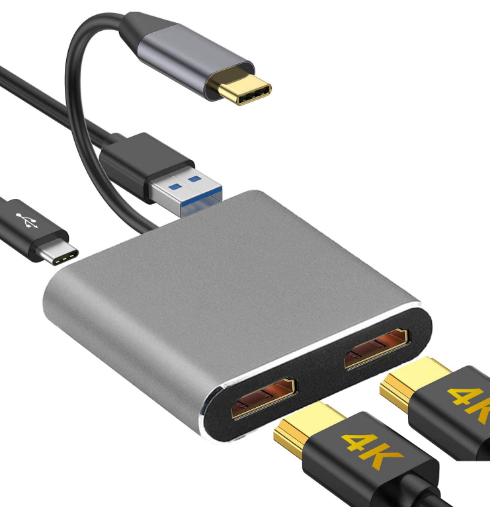 CompuCablePlusUSA USB-C to Dual HDMI Female 4-in-1 Multiport Adapter Hub with 60W PD Charging and USB 3.0 Space Gray 0.5FT.