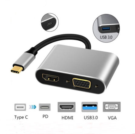 CompuCablePlusUSA 4-in-1 USB C Hub adapter to HDMI, VGA (HD15), USB 3.0, Type C 100W PD Charging, Grey 0.5FT.