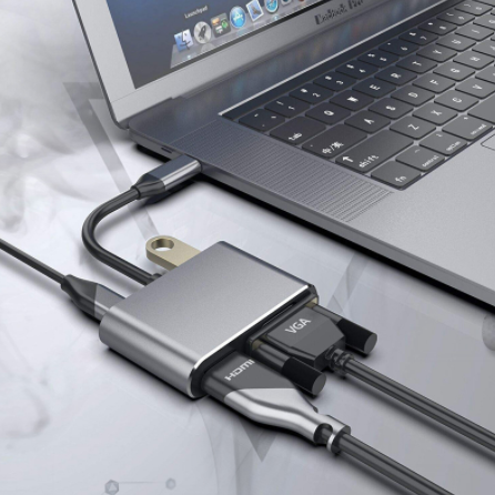 CompuCablePlusUSA 4-in-1 USB C Hub adapter to HDMI, VGA (HD15), USB 3.0, Type C 100W PD Charging, Grey 0.5FT.