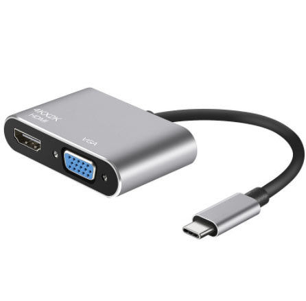 CompuCablePlusUSA 4-in-1 USB C Hub adapter to HDMI, VGA (HD15), USB 3.0, Type C 100W PD Charging, Grey 0.5FT.