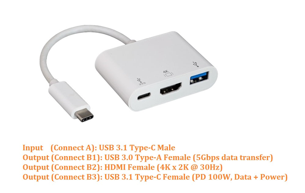 CompuCablePlusUSA.com 3-in-1 USB-C Adapter ¡V HDMI 4K, USB-A 3.0, and 100W USB-C PD Charging Port for Data & Power