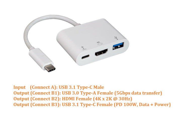 CompuCablePlusUSA.com 3-in-1 USB-C Adapter ¡V HDMI 4K, USB-A 3.0, and 100W USB-C PD Charging Port for Data & Power