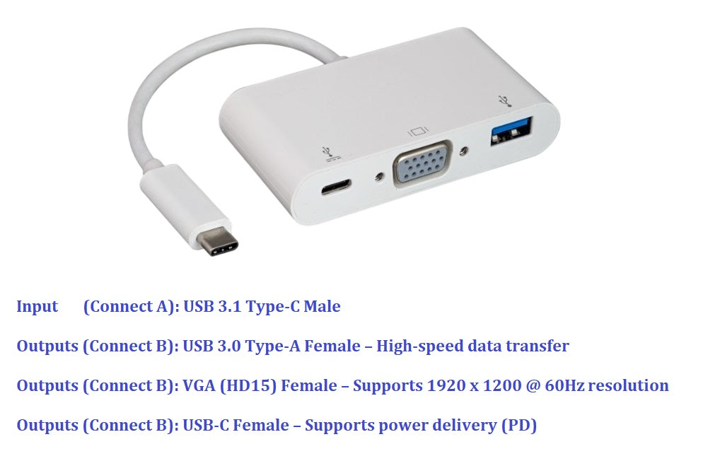 CompuCablePlusUSA.com 3-in-1 USB-C Adapter ¡V VGA (HD15), USB-A 3.0, and Type C Charging Port.