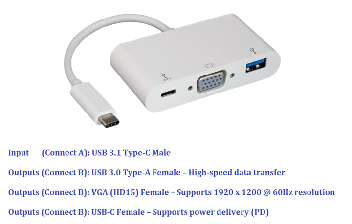 CompuCablePlusUSA.com 3-in-1 USB-C Adapter ¡V VGA (HD15), USB-A 3.0, and Type C Charging Port.