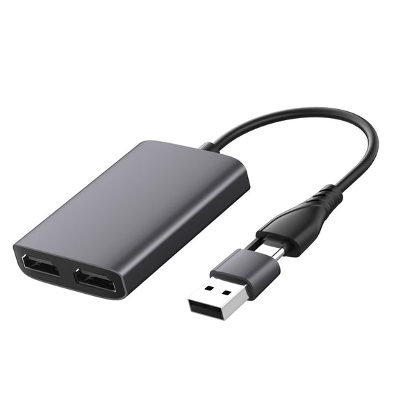 CompuCablePlusUSA.com 2-IN-1 USB 3.0 Cable USB A & Type-C to Dual HDMI Converter Adapter Front Angle Image.