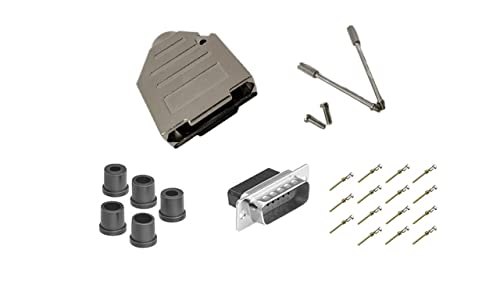 Male DB15 Crimp Type DIY Kit.  Complete Bundle DIY Kit Includes D-Sub Crimp Connector, Crimp Pins, Deluxe No-Ear, Full Profile Metal Housing, Strain Relief Grommet, and Screws.