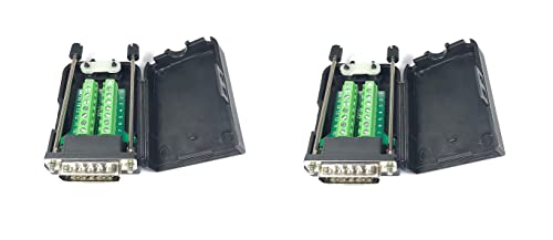 2 Pieces Male DB15 D-Sub Solderless Breakout Terminal Block Connector with Case and Thumb Screws Complete Bundle DIY Kit.
