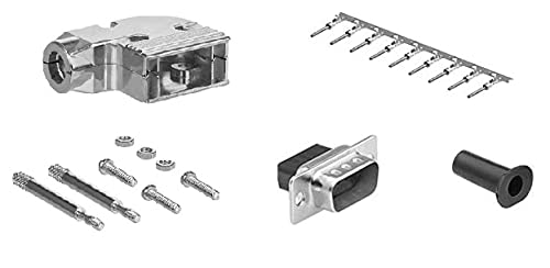 DB9 Crimp Male Connector complete bundle DIY Kit includes connector, Right angle hood, male crimp pin, strain relief grommets and screws.