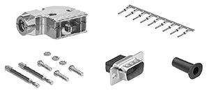 DB9 Crimp Male Connector complete bundle DIY Kit includes connector, Right angle hood, male crimp pin, strain relief grommets and screws.