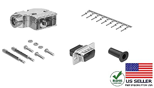 DB9 Crimp Male Connector complete bundle DIY Kit includes connector, Right angle hood, male crimp pin, strain relief grommets and screws.