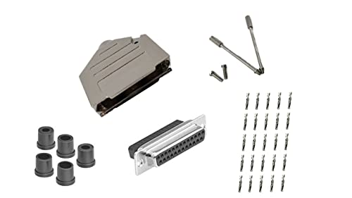 Female DB25 Crimp Type DIY Kit. Complete Bundle DIY Kit Includes D-Sub Crimp Connector, Crimp Pins, Deluxe No-Ear, Full Profile Metal Housing, Strain Relief Grommet, and Screws.