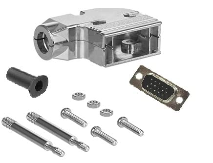 High Density DB15 Solder Male Connector complete bundle DIY Kit includes high density connector, 90-degree angle shielded metal hood, strain relief grommet and screws.