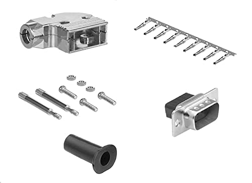 DB9 crimp female connector complete bundle DIY kit includes connector, right angle hood, female crimp pin, strain relief grommets and screws.