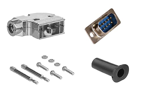 DB9 Solder Male Connector complete bundle DIY Kit includes connector, 90-degree angle shielded metal hood, strain relief grommet and screws.