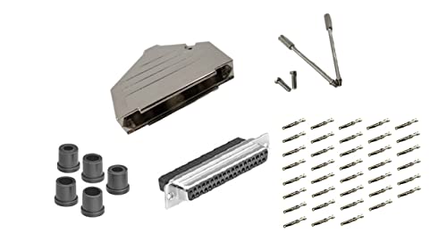 Female DB37 Crimp Type DIY Kit. Complete Bundle DIY Kit Includes D-Sub Crimp Connector, Crimp Pins, Deluxe No-Ear, Full Profile Metal Housing, Strain Relief Grommet, and Screws.