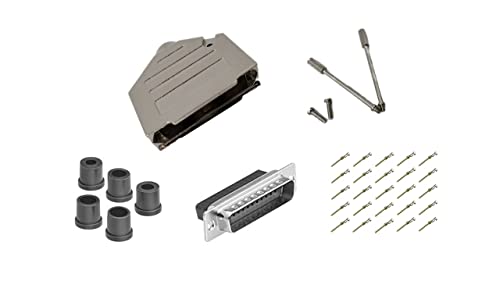 Male DB25 Crimp Type DIY Kit.  Complete Bundle DIY Kit Includes D-Sub Crimp Connector, Crimp Pins, Deluxe No-Ear, Full Profile Metal Housing, Strain Relief Grommet, and Screws.