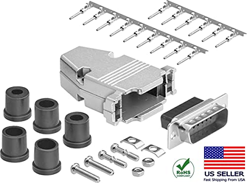 DB15 Crimp Male Connector complete bundle DIY Kit includes connector, housing, male crimp pin, strain relief grommets and screws.