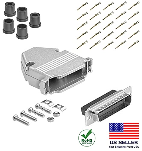 DB25 Crimp Male Connector complete bundle DIY Kit includes connector, housing, male crimp pin, strain relief grommets and screws.