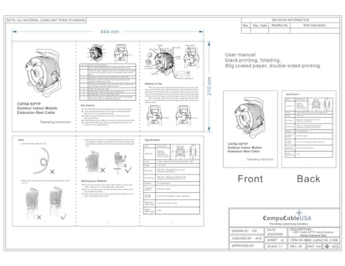 CompuCablePlus CAT6A S/FTP Indoor/Outdoor IP67 Waterproof Retractable Shielded Ethernet Network Cable Mobile Extension Reel, Female to Female, 150FT, Black, Instruction Manual. 
