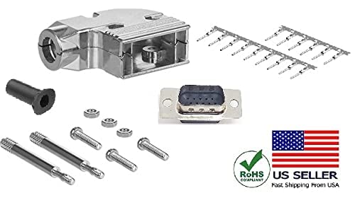 High Density DB15 crimp male connector complete bundle DIY kit includes connector, right angle hood, male crimp pin, strain relief grommets and screws.