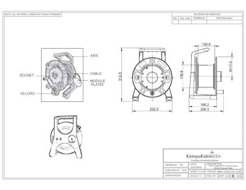 CompuCablePlus CAT6A S/FTP Indoor/Outdoor IP67 Waterproof Retractable Shielded Ethernet Network Cable Mobile Extension Reel, Female to Female, 150FT, Black, Spec Sheet -2.