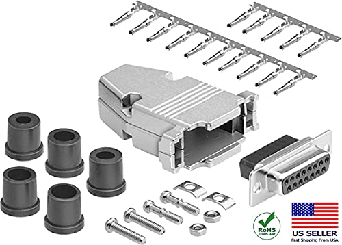 DB15 Crimp Female Connector complete bundle DIY Kit includes connector, housing, female crimp pin, strain relief grommets and screws.