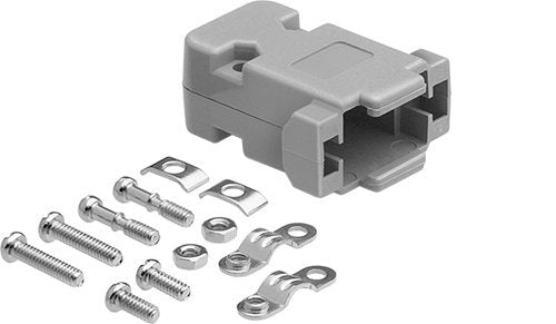 DB9 Plastic housing, unshielded hood, screws.
