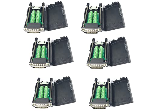 6 Pieces Male DB15 D-Sub Solderless Breakout Terminal Block Connector with Case and Thumb Screws Complete Bundle DIY Kit.