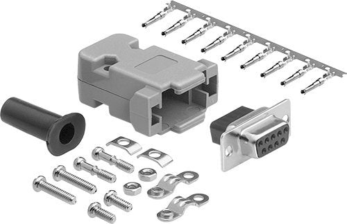 DB9 Crimp Female Connector complete bundle DIY Kit includes connector, hood, female crimp pin, strain relief grommet and screws.