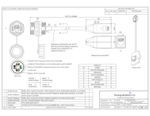 CompuCablePlus CAT6A S/FTP Indoor/Outdoor IP67 Waterproof Retractable Shielded Ethernet Network Cable Mobile Extension Reel, Female to Female, 150FT, Black, Spec Sheet -1.