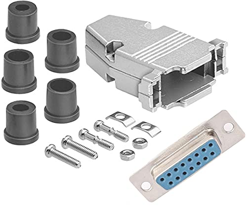 DB15 solder female connector complete bundle DIY kit includes connector, housing, strain relief grommets and screws.