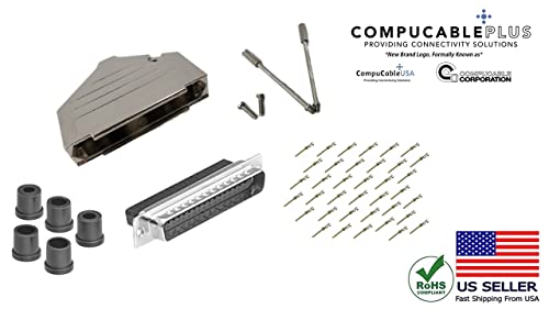 Male DB37 Crimp Type DIY Kit.  Complete Bundle DIY Kit Includes D-Sub Crimp Connector, Crimp Pins, Deluxe No-Ear, Full Profile Metal Housing, Strain Relief Grommet, and Screws.