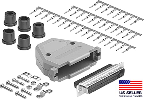 DB37 Crimp Male Connector complete bundle DIY Kit includes connector, hood, male crimp pin, strain relief grommet and screws.