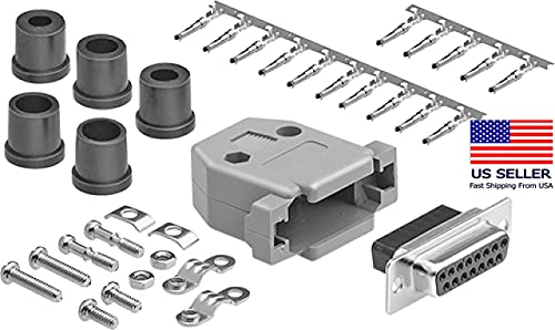 DB15 Crimp Female Connector complete bundle DIY Kit includes connector, hood, female crimp pin, strain relief grommet and screws.