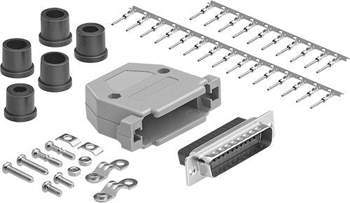 DB25 Crimp Male Connector complete bundle DIY Kit includes connector, hood, male crimp pin, strain relief grommet and screws.