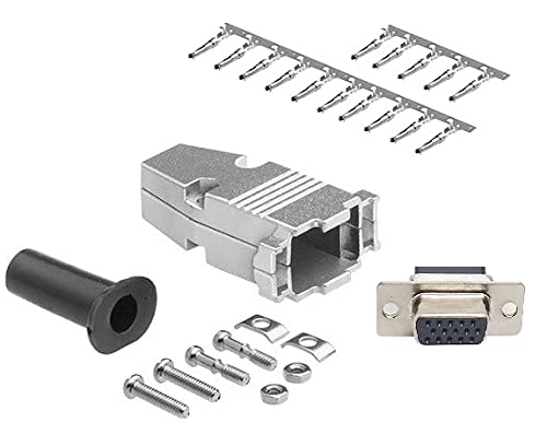 High Density DB15 Crimp Female Connector complete bundle DIY Kit includes connector, housing, female crimp pin, strain relief grommets and screws.